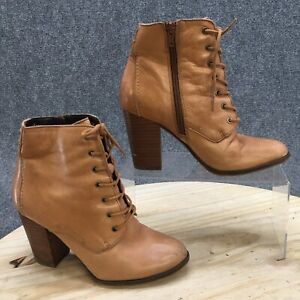 Aldo Boots Womens 6 Ankle Booties Brown Leather Round Toe Block Heels Lace Up