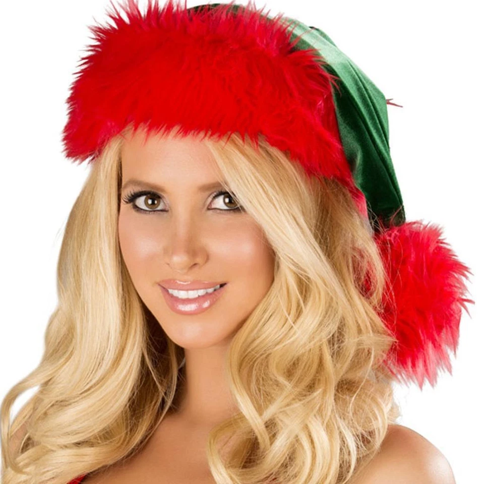 Fantasia de ajudante de Natal Papai Noel chapéu elfo veludo verde acabamento de pele vermelha C160 - Imagem 1 de 4