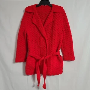 Hand Loomed Red Crochet Knit Long Double Breasted Sweater Cardigan Pockets Sz S - Picture 1 of 12