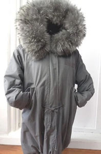 Korean Down Coat Womens Med/Lg Gray Racoon Fur Trim Removable Hood 70/30 - Picture 1 of 20