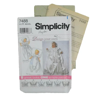 Simplicity 7488 Baby Christening Gown Coat Bonnet Pattern Size NB-L Uncut - Image 1 of 4