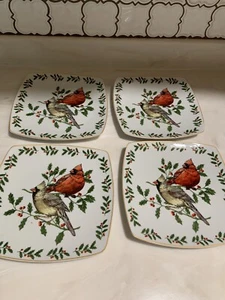 Living Quarters Cardinals & Holly Dessert /Salad Plates. Set Of 4. Orig Box. - Picture 1 of 13