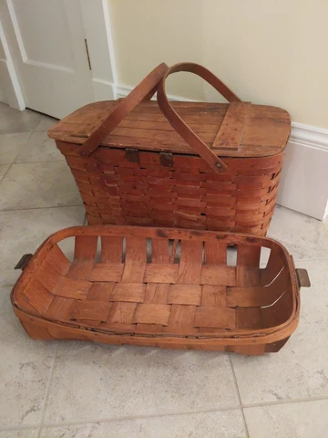 Vintage split oak 1940 Wov-N-Wood by Jerywil Picnic Basket w/insert Cover