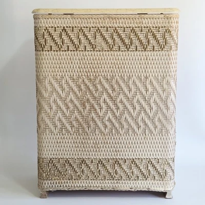 Harvey Hamper Wicker Standing Laundry Basket Lid MCM Vintage Woven Wood Hinged - Image 1 of 4