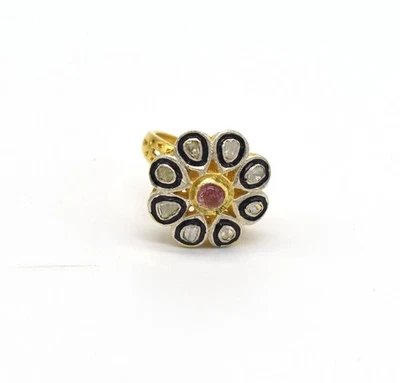 Anello in argento sterling 925 con rubino rosa e diamanti polki taglio rosa... - Immagine 1 di 4
