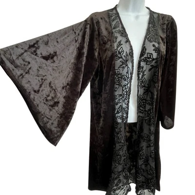 Knox Rose Black Floral Velvet Burnout Kimono M/L Sheer Duster Boho Goth Witchy - Image 1 of 4
