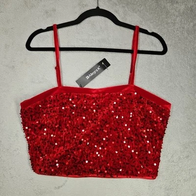 Allegra K Women's Rich Red Dazzling Sequin Velvet Crop Top Adj Straps Sz L NWT - Image 1 of 4