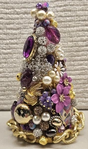 Jeweled Christmas Tree Handmade Holiday Vintage Jewelry Tree Purple/Gold Small - Picture 1 of 7