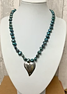 Teal/Blue Freshwater Pearl Necklace with Sterling Silver Heart Pendant 925 - Picture 1 of 5