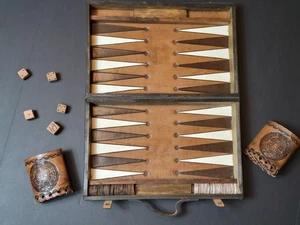 Vintage Leather/wood Backgammon Set Mexico Handmade Original Pieces Aztec - Picture 1 of 20