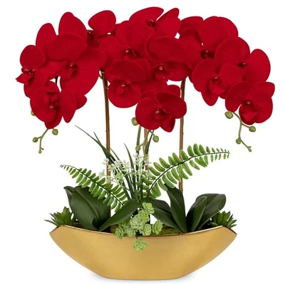 Orchid Artificial Flowers 18in Red Fake Orchid Silk Flowers with Gold Ceramic... - Image 1 of 4