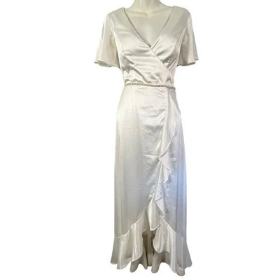 DB Studio Davids Bridal Flutter Stretch Satin Ruffle Wedding Dress Soft White 4 - Image 1 of 4