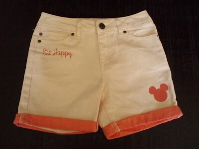 DISNEY PINK "BE HAPPY" MICKEY MOUSE JUNK FOOD GIRLS JEAN DENIM SHORTS ~ SMALL - Image 1 of 4