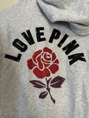 UNDERCOVER Felpa con cappuccio Victoria's Secret XS grigia paillettes bling pullover rosso fiori stringati