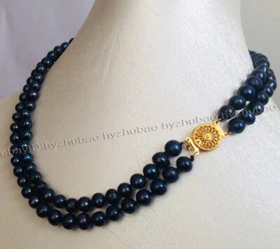 2 Rows 8-9mm Natural Black Akoya Cultured Pearl Beads 14K GP Necklace 18"-19" - Image 1 of 4
