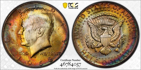 MS65 1968-D 50C Kennedy Silver Half Dollar, PCGS Trueview- Pretty Rainbow Toned Cover