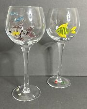 2 Handmade Blown Glass Wine Glasses Nautical Applied Fish 8 1/2" Tall *READ