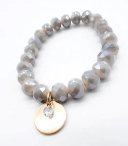 GORGEOUS Gray Moonstone Crystals Rustic Gold Disk Crystal Charm Stretch Bracelet - Picture 1 of 7
