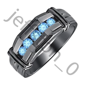 1 ct Lab Created Blue Topaz 14k Black Gold Over 5-Stone Channel Set Men's Ring - Picture 1 of 5