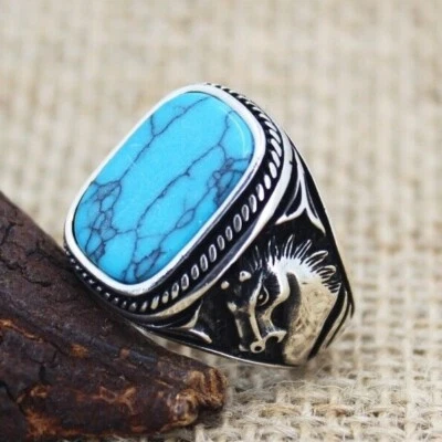 Turquoise Stone 925 Sterling Silver Men's Ring, Horse Ring - Image 1 of 4