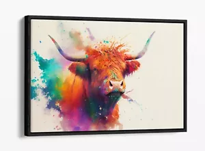 COLOURFUL HIGHLAND COW WATERCOLOUR SPLASH FLOAT EFFECT CANVAS ART PIC PRINT - Picture 1 of 12