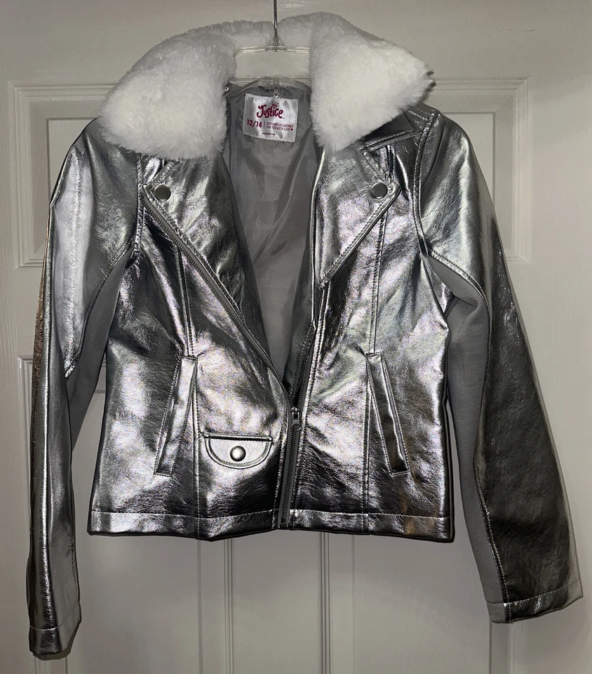 Chaqueta de Moto Justice Plateada Metálica Cuello de Piel Desmontable Niñas Talla 12/14 Foto 1 de 4