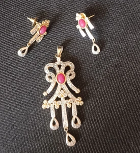 Indian Ethnic CZ AD New Traditional Ethnic Wedding Jewlery Pendant Earrings Set - Picture 1 of 5
