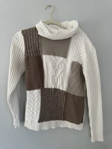 Liz & CO patchwork style cableknit turtleneck cream tan earthtones size Lg - Picture 1 of 6