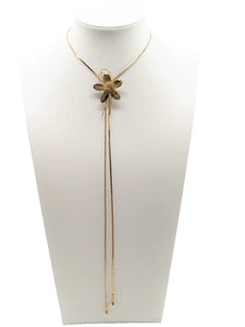 Vintage Gold Tone Mesh Rose Flower Lariat Necklace Bolo Slide - Picture 1 of 14