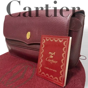 Cartier Clutch Small Logo Leather Wine Red Unisex Women's USED FROM JAPAN - Picture 1 of 9
