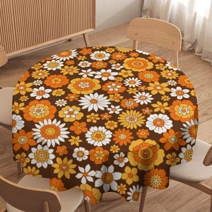 Tischdeckenüberwurf Küche Retro 70er Groovy rund 60er Jahre Hippie Blumen weiß orange - Bild 1 von 7
