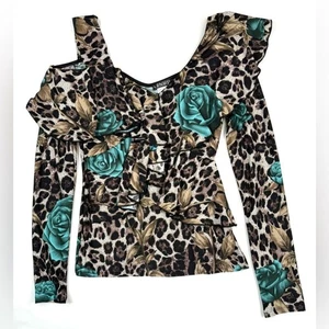 VENUS Womens Cold Shoulder Ruffle Blouse XS Leopard Teal Rose Print Y2K Inspired - Picture 1 of 12