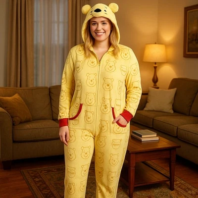 Цельный пижамный комбинезон с капюшоном Disney Winnie the Pooh — желтый на молнии спереди - Изображение 1 из 4
