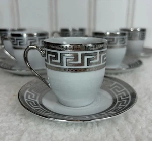 4 Cups /5cupsJoseph Sedgh White Silver Key Platinum Greek Espresso Cups Saucers - Picture 1 of 2