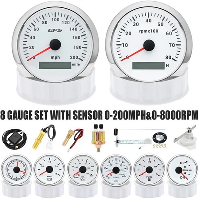 8 Gauge Set With Sensor 85mm Waterproof GPS Speedometer 0-200MPH&Tacho 8000RPM  - Image 1 of 4