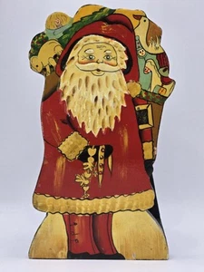 Vintage Santa Hand Painted Textured Wooden Christmas Card Napkin Holder 8x4.5" - Picture 1 of 10