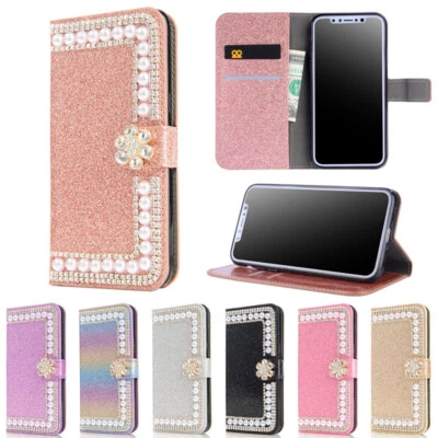 Glitter Wallet Case Pearl Diamond Flip Cover for iPhone 17/16e/15/14/13/12/11 SE - Image 1 of 4