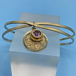 Gold-Tone Bangle Decorative Round Disk Charm + Alexandrite Purple Stone "June" - Picture 1 of 11