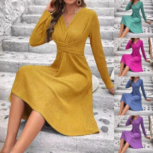Damen Midikleid Mit V-Ausschnitt Langärmelig Cocktailkleider A-Linien-Kleid* | - Picture 1 of 31