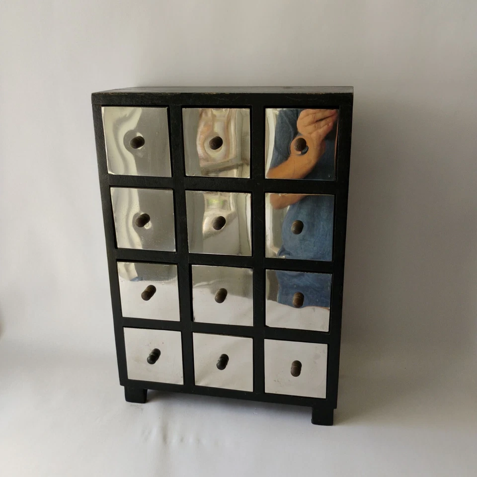Vintage Black Wood and Silver Metal Table Top Chest of Drawers Hardwood Handmade - Image 1 of 4