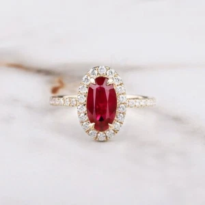 Stunning Oval Lab Grown Red Ruby & Diamond Halo 14K Yellow Gold Ring Certified. - Picture 1 of 4