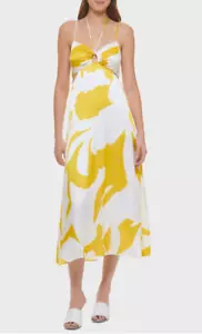 NWT DKNY print halter dress in White/Pop yellow Long Maxi sz 4 Ret 149 - Picture 1 of 6