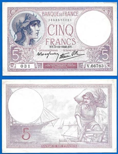 France 5 Francs 1940 5 December Violet Serie V Purple Frcs  Europe Free Ship Wld - Picture 1 of 3