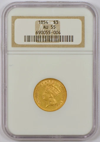 1854 United States $3 Gold Coin, Philadelphia Mint, Graded AU55 by NGC Cover