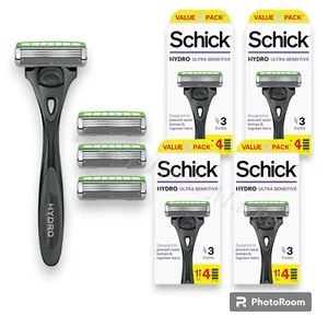 4x Schick Hydro Ultra Sensitive 3 Bladed 1 Razor  + 4 Cartridges Refill - Picture 1 of 11