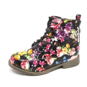 GIRLS CHILDRENS KIDS FLORAL ANKLE BOOTS FLAT - Picture 1 of 12