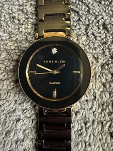 Anne Klein Diamond Watch Black & Gold Tone Women's Quartz AK/1018 Analog see des - Picture 1 of 4