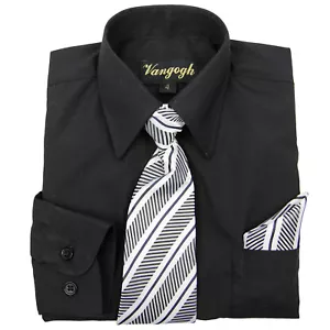 Boys Black Dress Shirt V2000 with Matching Tie & Hankie Long Sleeves 4 to 20 - Picture 1 of 2