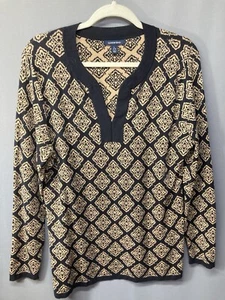 Maglione donna Lands End grande scollo dentellato nero beige geometrico stampa allover - Foto 1 di 7