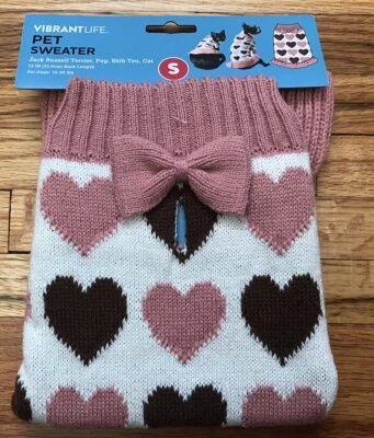 Valentines Day Pink/Brown Hearts Pet Sweater Size Small For Pets 10-20 Lbs 13" - Image 1 of 3